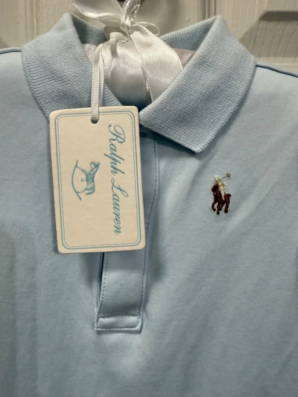 Ralph Lauren Blue Infant Onesie with Satin Hanger. Size 3 months. NWT